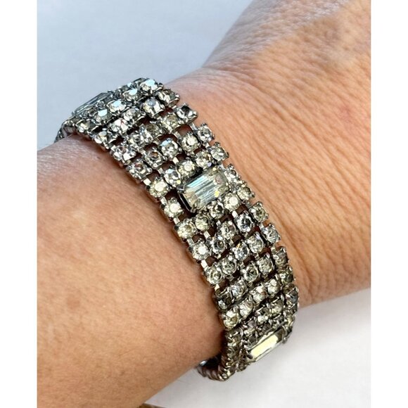 Vintage Silver-Tone Rhinestone Bracelet With Rectangular Accents - Picture 2 of 9